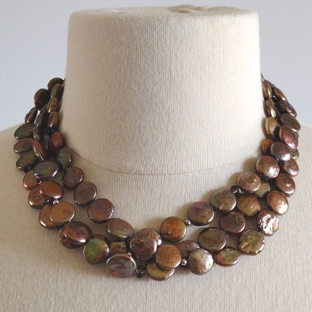 Silpada 3-Strand Bronze Coin Pearl Sterling Silver Necklace N1717